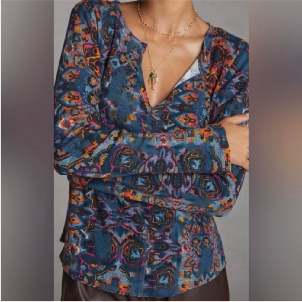 Pilcro Anthropologie Blue and Orange Patterned Long Sleeve Top